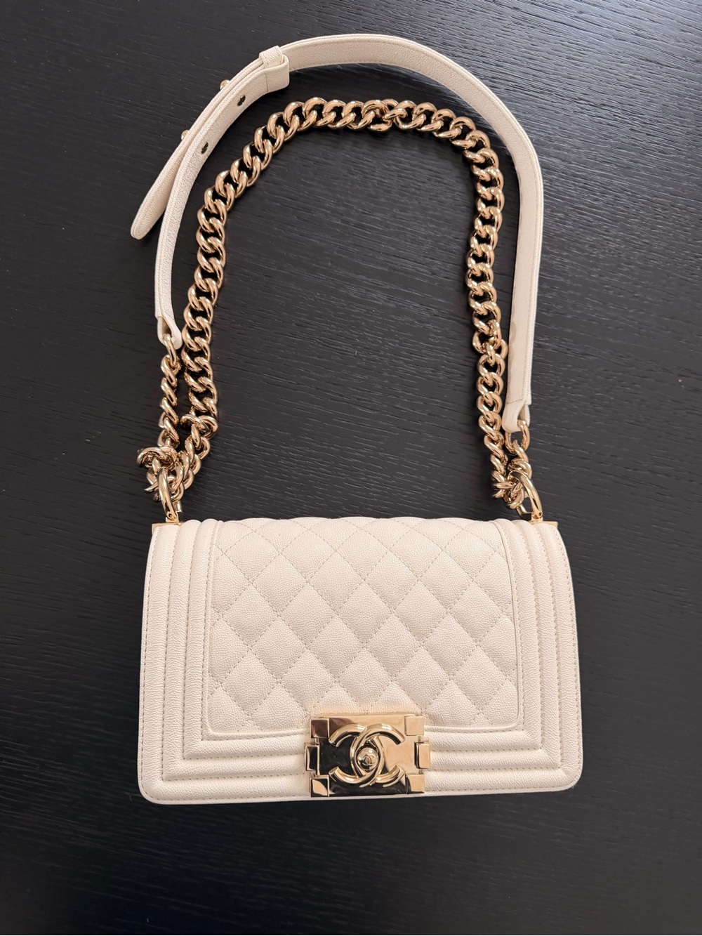 CHANEL Cream Quilted Boy Flap Bag with Gold Chain Strap